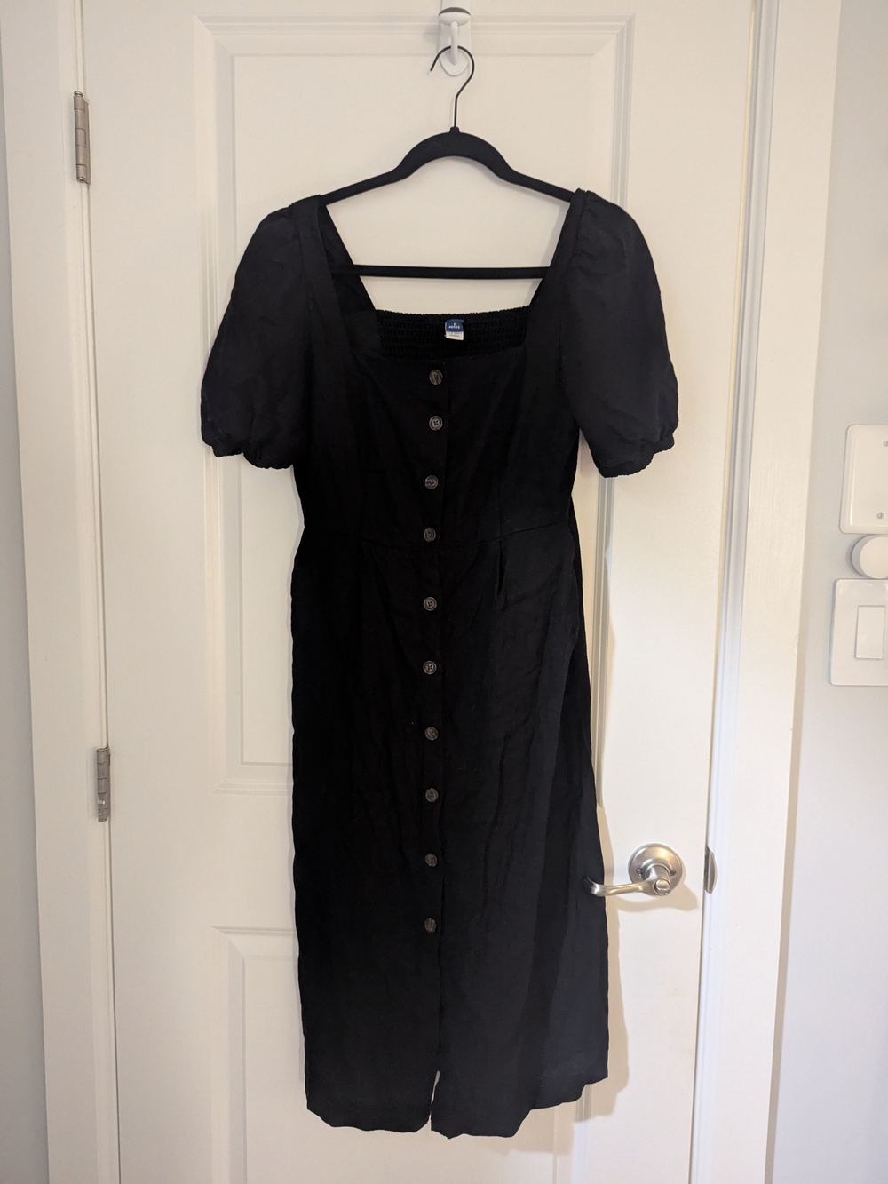 Old Navy Black Midi Button-Front Puff Sleeve Dress